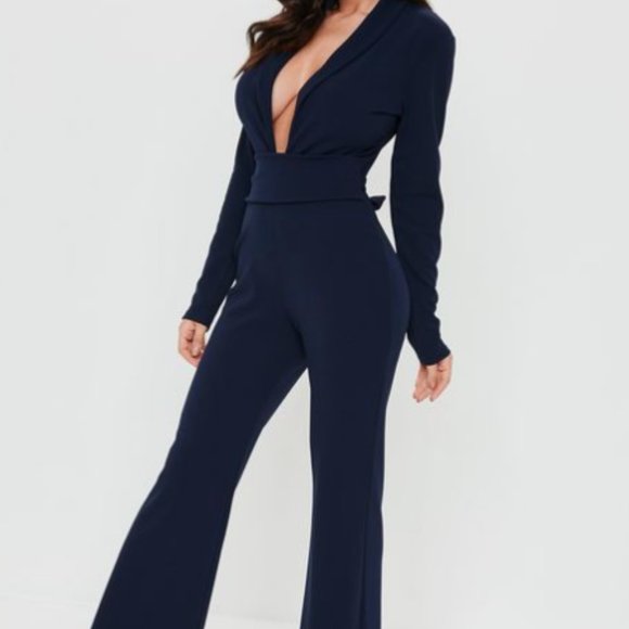 Long Sleeve Navy Blue Belted Plunge Wide Leg Jumpsuit - Picture 3 of 7